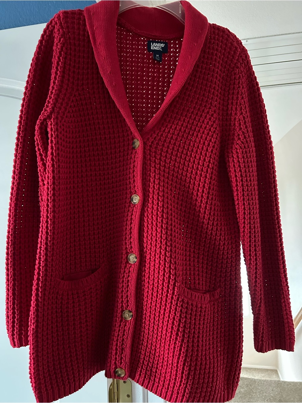 Lands' End Women's Deep Red Waffle-Knit Button Cardigan